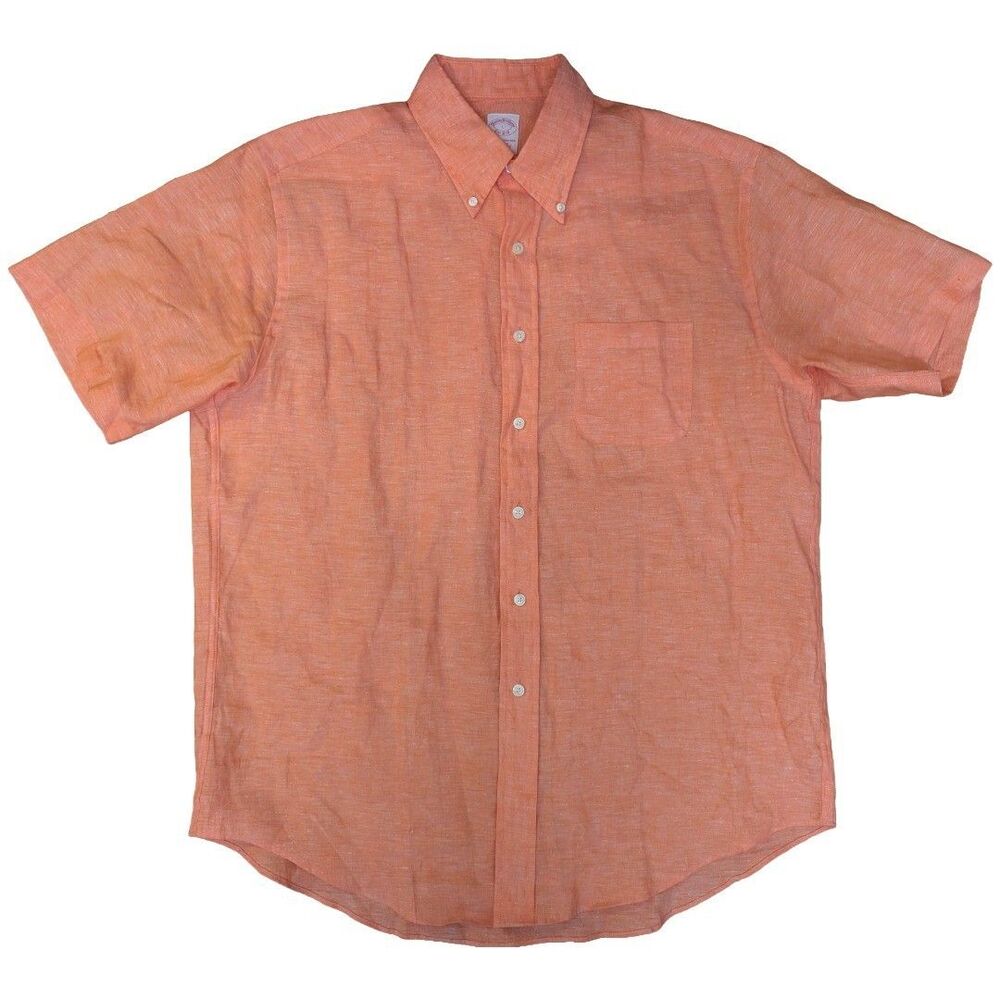 Brooks Brothers Original Polo Irish Linen Shirt Men's L Peach Short Sleeve